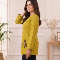 Women’s Mustard Yellow Embroidered Cotton-Silk Fancy Top