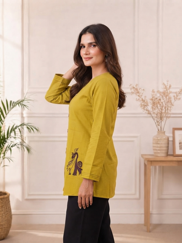 Women’s Mustard Yellow Embroidered Cotton-Silk Fancy Top
