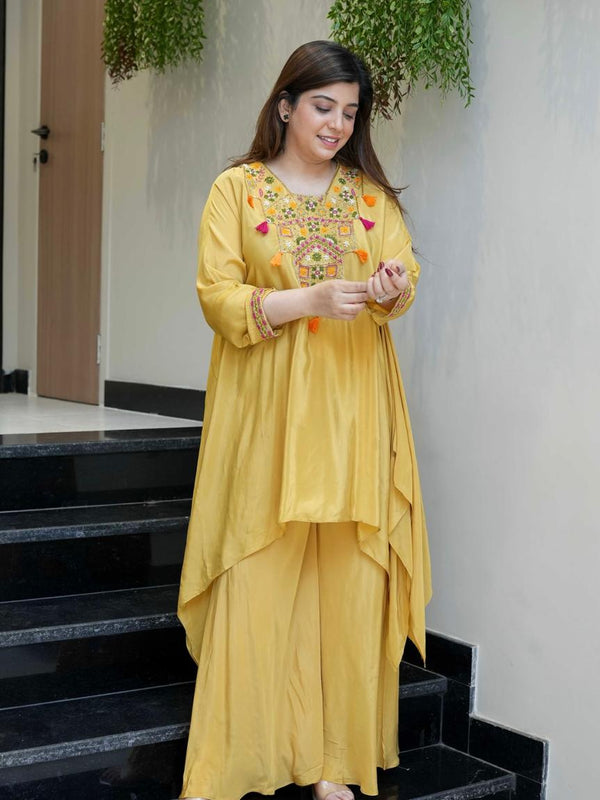 Women's French Crepe Embroidered Kurta Palazzo Set