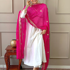 Women's Chanderi Embroidered Flared Kurta with Chanderi Pant & Silk Blend Printed Dupatta Set