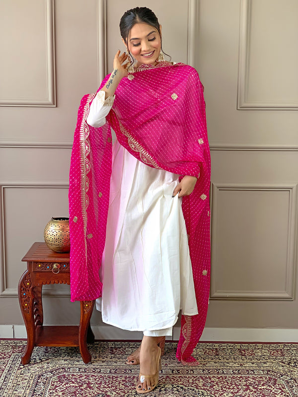 Women's Chanderi Embroidered Flared Kurta with Chanderi Pant & Silk Blend Printed Dupatta Set