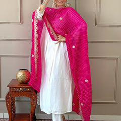 Women's Chanderi Embroidered Flared Kurta with Chanderi Pant & Silk Blend Printed Dupatta Set