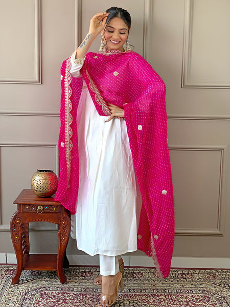 Women's Chanderi Embroidered Flared Kurta with Chanderi Pant & Silk Blend Printed Dupatta Set