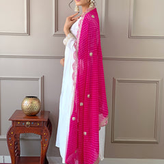 Women's Chanderi Embroidered Flared Kurta with Chanderi Pant & Silk Blend Printed Dupatta Set