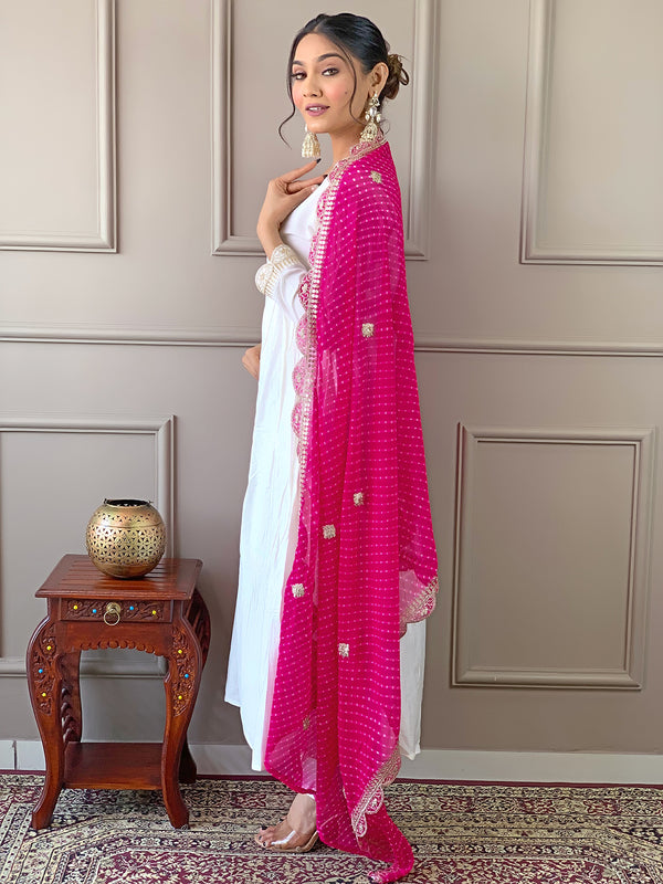 Women's Chanderi Embroidered Flared Kurta with Chanderi Pant & Silk Blend Printed Dupatta Set
