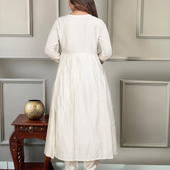 Women's Chanderi Embroidered Flared Kurta with Chanderi Pant & Silk Blend Printed Dupatta Set