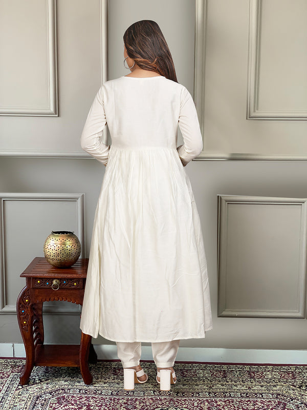 Women's Chanderi Embroidered Flared Kurta with Chanderi Pant & Silk Blend Printed Dupatta Set