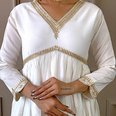 Women's Chanderi Embroidered Flared Kurta with Chanderi Pant & Silk Blend Printed Dupatta Set