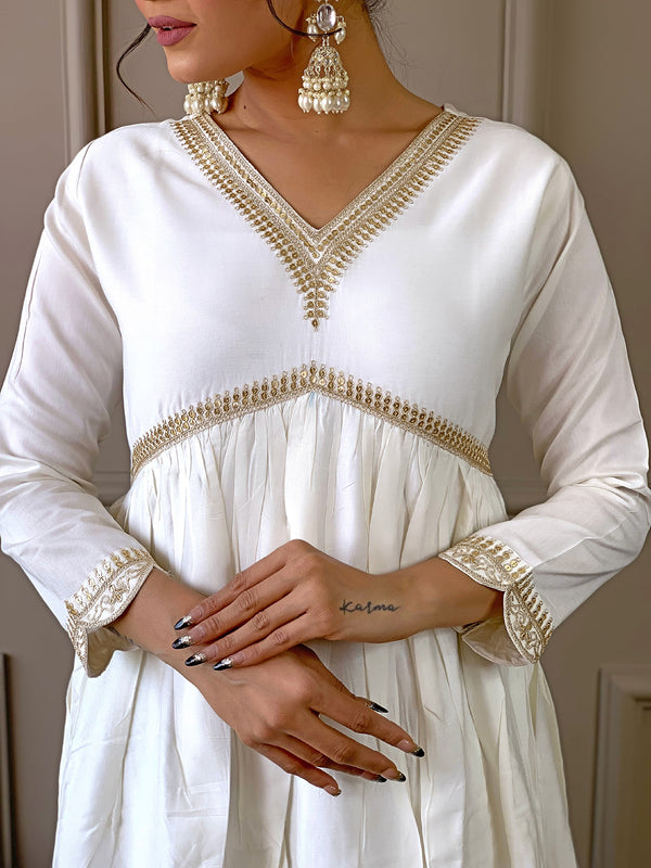 Women's Chanderi Embroidered Flared Kurta with Chanderi Pant & Silk Blend Printed Dupatta Set