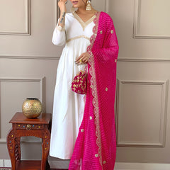 Women's Chanderi Embroidered Flared Kurta with Chanderi Pant & Silk Blend Printed Dupatta Set