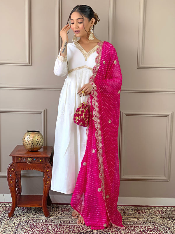 Women's Chanderi Embroidered Flared Kurta with Chanderi Pant & Silk Blend Printed Dupatta Set