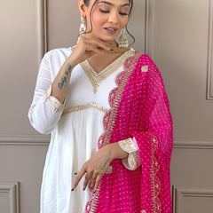Women's Chanderi Embroidered Flared Kurta with Chanderi Pant & Silk Blend Printed Dupatta Set