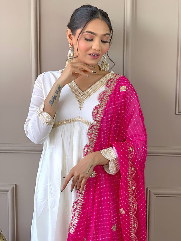 Women's Chanderi Embroidered Flared Kurta with Chanderi Pant & Silk Blend Printed Dupatta Set