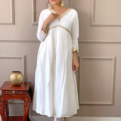 Women's Chanderi Embroidered Flared Kurta with Chanderi Pant & Silk Blend Printed Dupatta Set