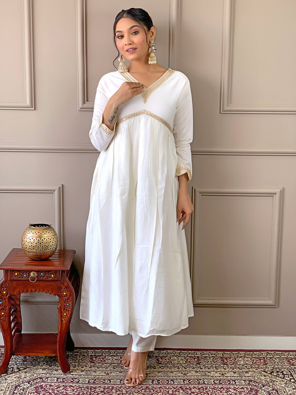 Women's Chanderi Embroidered Flared Kurta with Chanderi Pant & Silk Blend Printed Dupatta Set