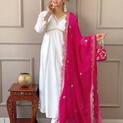 Women's Chanderi Embroidered Flared Kurta with Chanderi Pant & Silk Blend Printed Dupatta Set