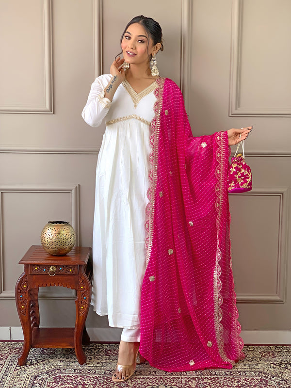 Women's Chanderi Embroidered Flared Kurta with Chanderi Pant & Silk Blend Printed Dupatta Set