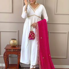 Women's Chanderi Embroidered Flared Kurta with Chanderi Pant & Silk Blend Printed Dupatta Set