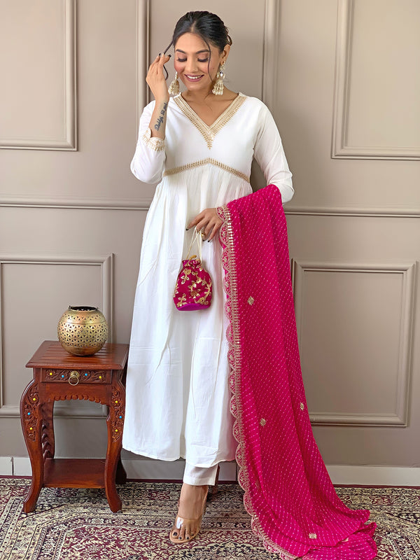 Women's Chanderi Embroidered Flared Kurta with Chanderi Pant & Silk Blend Printed Dupatta Set