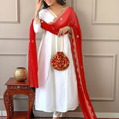 Women's Chanderi Embroidered Flared Kurta with Chanderi Pant & Silk Blend Printed Dupatta Set