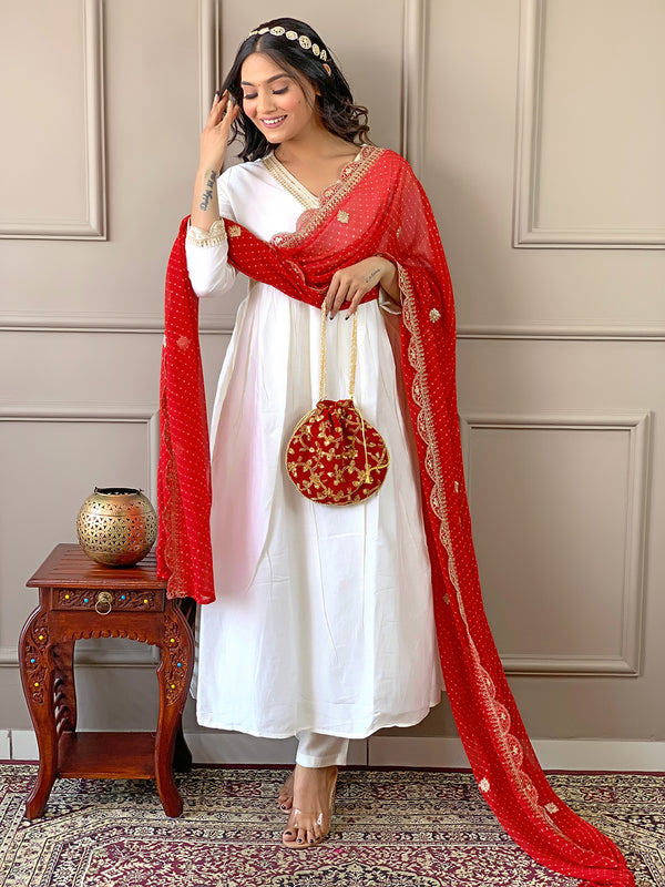 Women's Chanderi Embroidered Flared Kurta with Chanderi Pant & Silk Blend Printed Dupatta Set