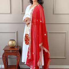 Women's Chanderi Embroidered Flared Kurta with Chanderi Pant & Silk Blend Printed Dupatta Set