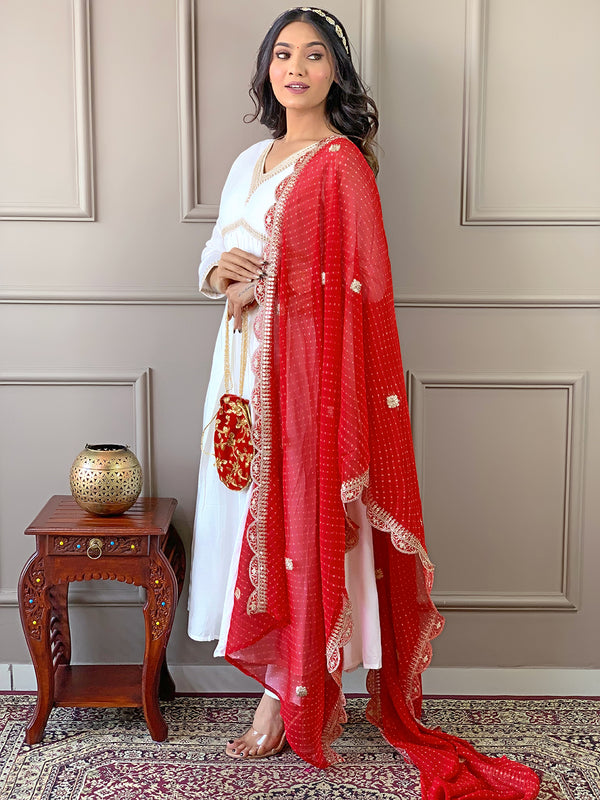 Women's Chanderi Embroidered Flared Kurta with Chanderi Pant & Silk Blend Printed Dupatta Set