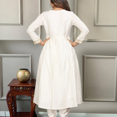 Women's Chanderi Embroidered Flared Kurta with Chanderi Pant & Silk Blend Printed Dupatta Set