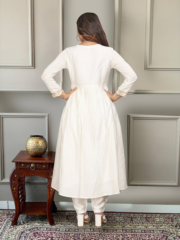 Women's Chanderi Embroidered Flared Kurta with Chanderi Pant & Silk Blend Printed Dupatta Set