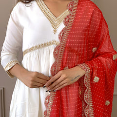 Women's Chanderi Embroidered Flared Kurta with Chanderi Pant & Silk Blend Printed Dupatta Set