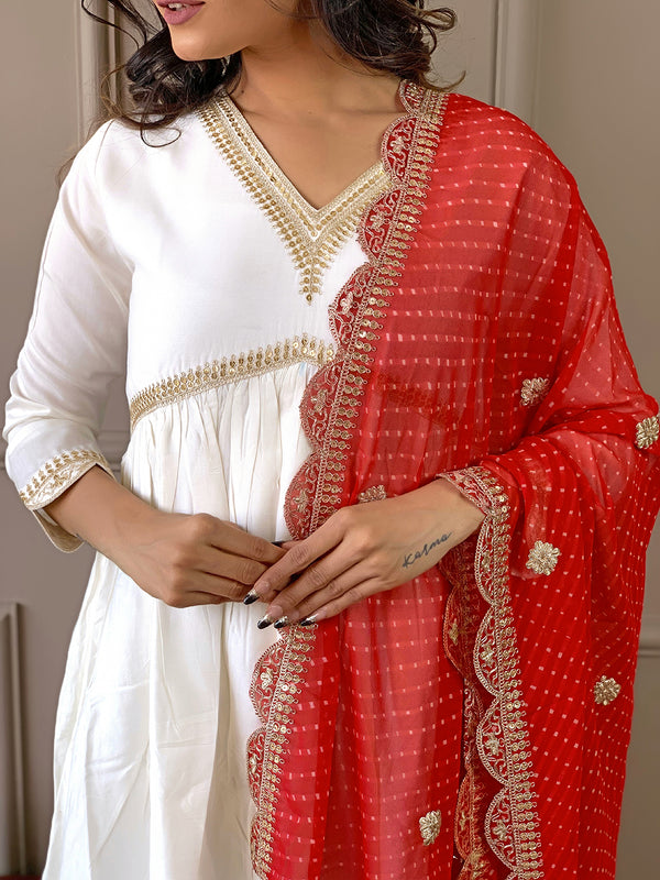 Women's Chanderi Embroidered Flared Kurta with Chanderi Pant & Silk Blend Printed Dupatta Set