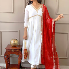 Women's Chanderi Embroidered Flared Kurta with Chanderi Pant & Silk Blend Printed Dupatta Set
