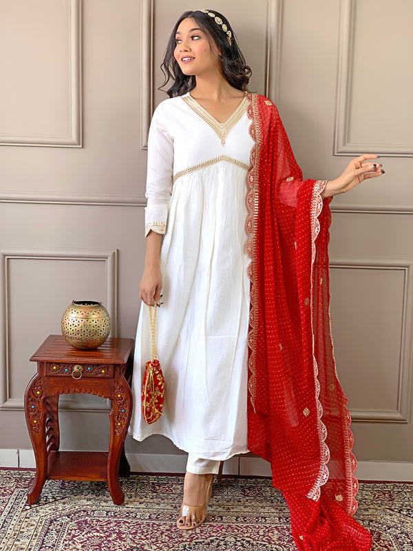 Women's Chanderi Embroidered Flared Kurta with Chanderi Pant & Silk Blend Printed Dupatta Set