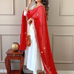 Women's Chanderi Embroidered Flared Kurta with Chanderi Pant & Silk Blend Printed Dupatta Set