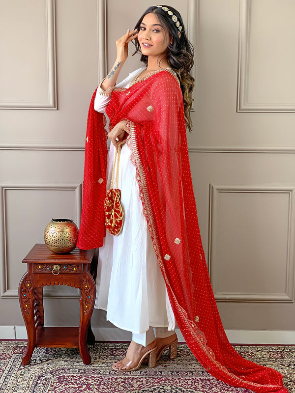 Women's Chanderi Embroidered Flared Kurta with Chanderi Pant & Silk Blend Printed Dupatta Set