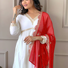 Women's Chanderi Embroidered Flared Kurta with Chanderi Pant & Silk Blend Printed Dupatta Set
