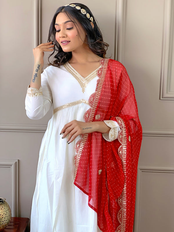 Women's Chanderi Embroidered Flared Kurta with Chanderi Pant & Silk Blend Printed Dupatta Set