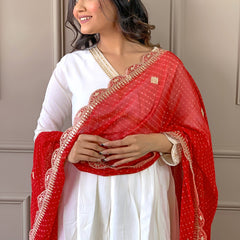 Women's Chanderi Embroidered Flared Kurta with Chanderi Pant & Silk Blend Printed Dupatta Set