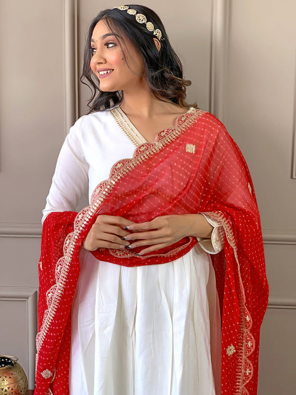 Women's Chanderi Embroidered Flared Kurta with Chanderi Pant & Silk Blend Printed Dupatta Set