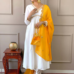 Women's Chanderi Embroidered Flared Kurta with Chanderi Pant & Silk Blend Printed Dupatta Set