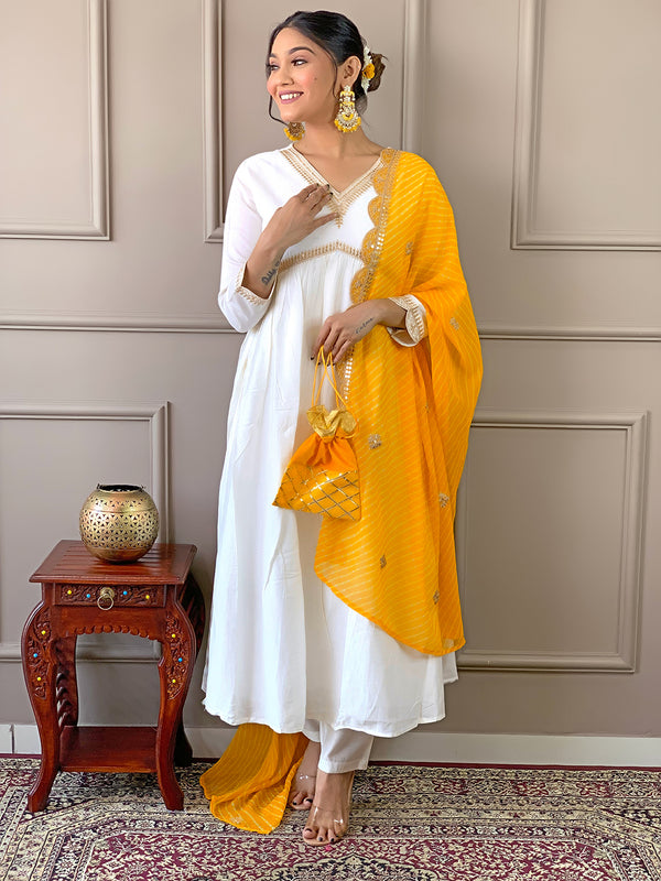 Women's Chanderi Embroidered Flared Kurta with Chanderi Pant & Silk Blend Printed Dupatta Set