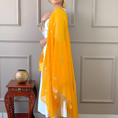 Women's Chanderi Embroidered Flared Kurta with Chanderi Pant & Silk Blend Printed Dupatta Set