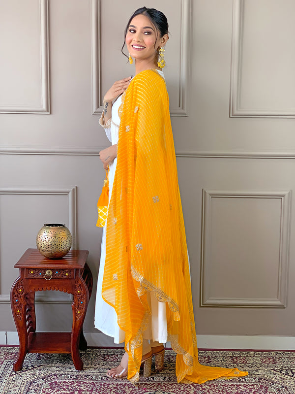 Women's Chanderi Embroidered Flared Kurta with Chanderi Pant & Silk Blend Printed Dupatta Set