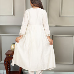 Women's Chanderi Embroidered Flared Kurta with Chanderi Pant & Silk Blend Printed Dupatta Set