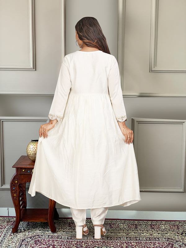 Women's Chanderi Embroidered Flared Kurta with Chanderi Pant & Silk Blend Printed Dupatta Set
