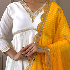 Women's Chanderi Embroidered Flared Kurta with Chanderi Pant & Silk Blend Printed Dupatta Set