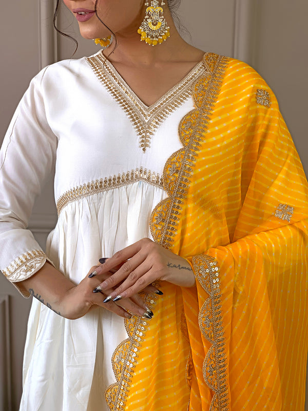 Women's Chanderi Embroidered Flared Kurta with Chanderi Pant & Silk Blend Printed Dupatta Set