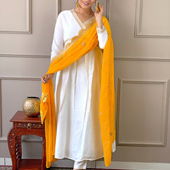 Women's Chanderi Embroidered Flared Kurta with Chanderi Pant & Silk Blend Printed Dupatta Set