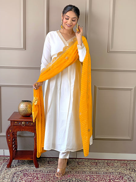 Women's Chanderi Embroidered Flared Kurta with Chanderi Pant & Silk Blend Printed Dupatta Set