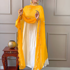 Women's Chanderi Embroidered Flared Kurta with Chanderi Pant & Silk Blend Printed Dupatta Set